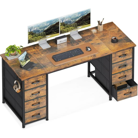 ZYPPP 55 Inch Computer Desk with 8 Fabric Drawers, Modern Office Desk with Large Storage for Home Office, Study, Gaming, Vintage