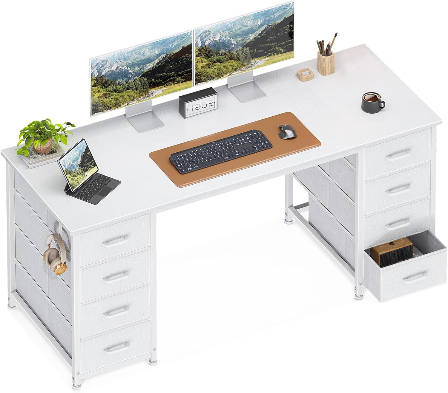 ZYPPP 55 Inch Computer Desk with 8 Fabric Drawers, Modern Office Desk with Large Storage for Home Office, Study, Gaming, White
