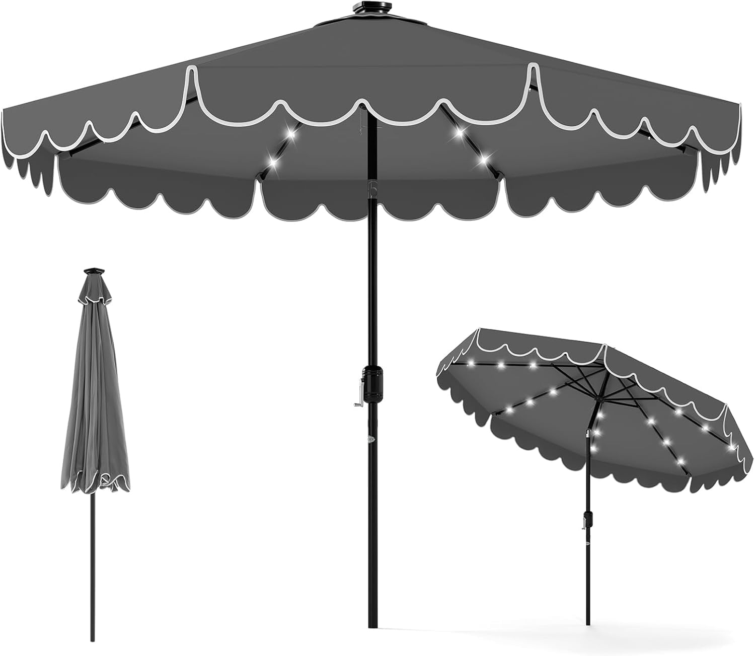 ZYPPP 9 FT Solar Patio Umbrella, 2-Tiers Scalloped Outdoor Table Market Umbrella with 32 LED Lights, Vented Top, Tilt Adjustment, Crank, 8 Ribs for Backyard Poolside Deck Beach Lawn (Gray)