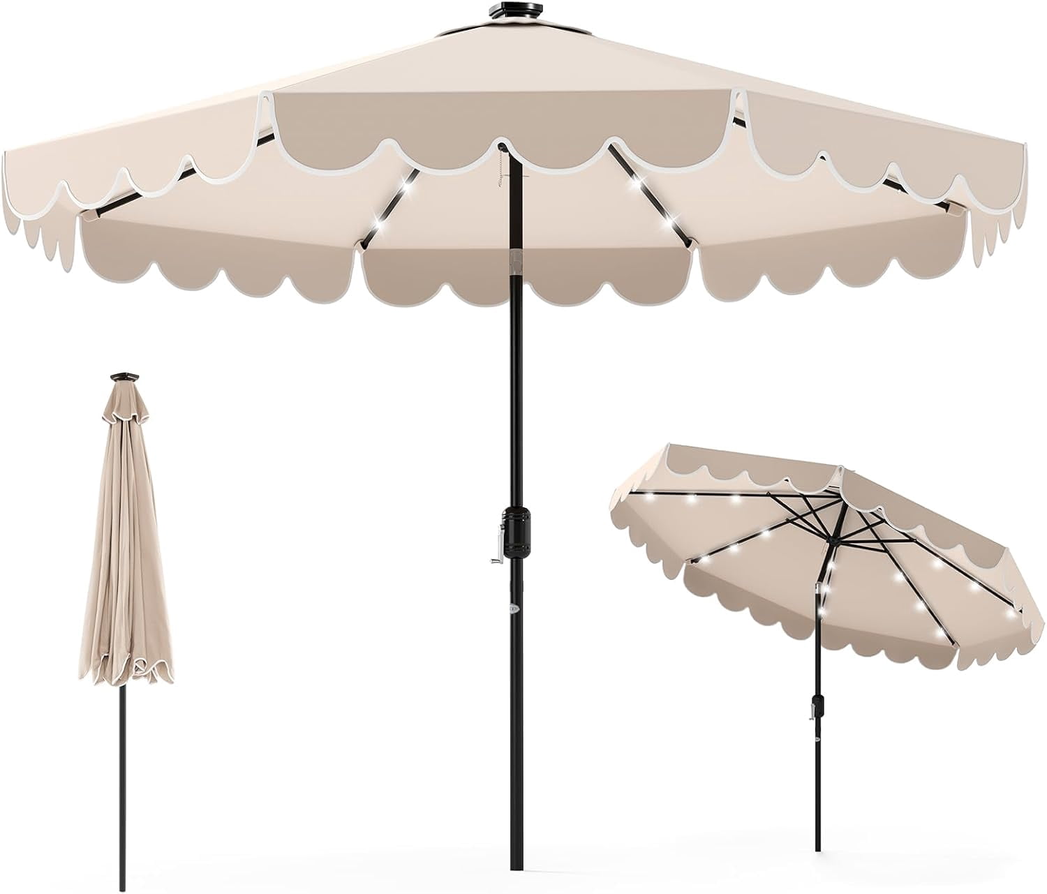 ZYPPP  9 FT Solar Patio Umbrella, 2-Tiers Scalloped Outdoor Table Market Umbrella with 32 LED Lights, Vented Top, Tilt Adjustment, Crank, 8 Ribs for Backyard Poolside Deck Beach Lawn (Beige)