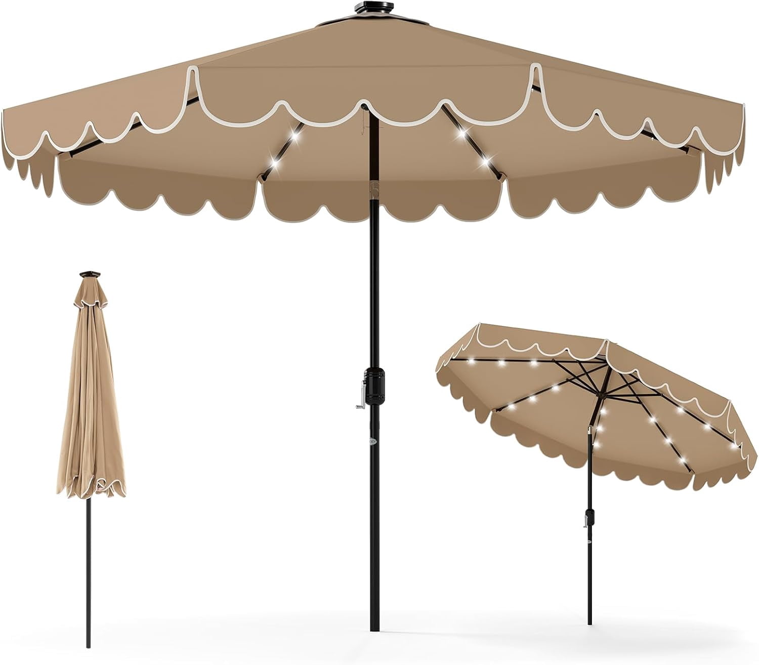 ZYPPP  9 FT Solar Patio Umbrella, 2-Tiers Scalloped Outdoor Table Market Umbrella with 32 LED Lights, Vented Top, Tilt Adjustment, Crank, 8 Ribs for Backyard Poolside Deck Beach Lawn (Coffee)