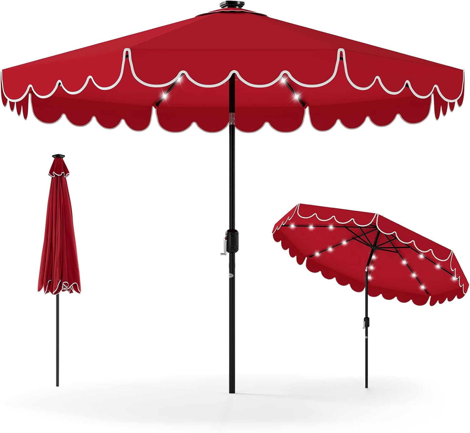 ZYPPP  9 FT Solar Patio Umbrella, 2-Tiers Scalloped Outdoor Table Market Umbrella with 32 LED Lights, Vented Top, Tilt Adjustment, Crank, 8 Ribs for Backyard Poolside Deck Beach Lawn (Red)