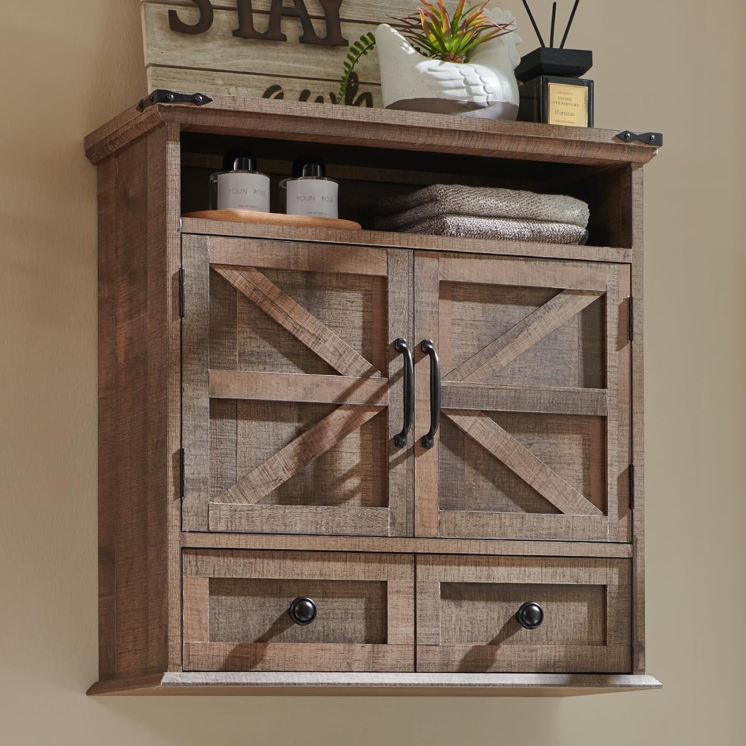 ZYPPP Bathroom Wall Cabinet, Farmhouse 24" Wide Medicine Cabinet with Drawer, Adjustable Shelf, Double Barn Doors, Storage Cabinets for Bathroom, Kitchen, Living Room, Rustic Brown