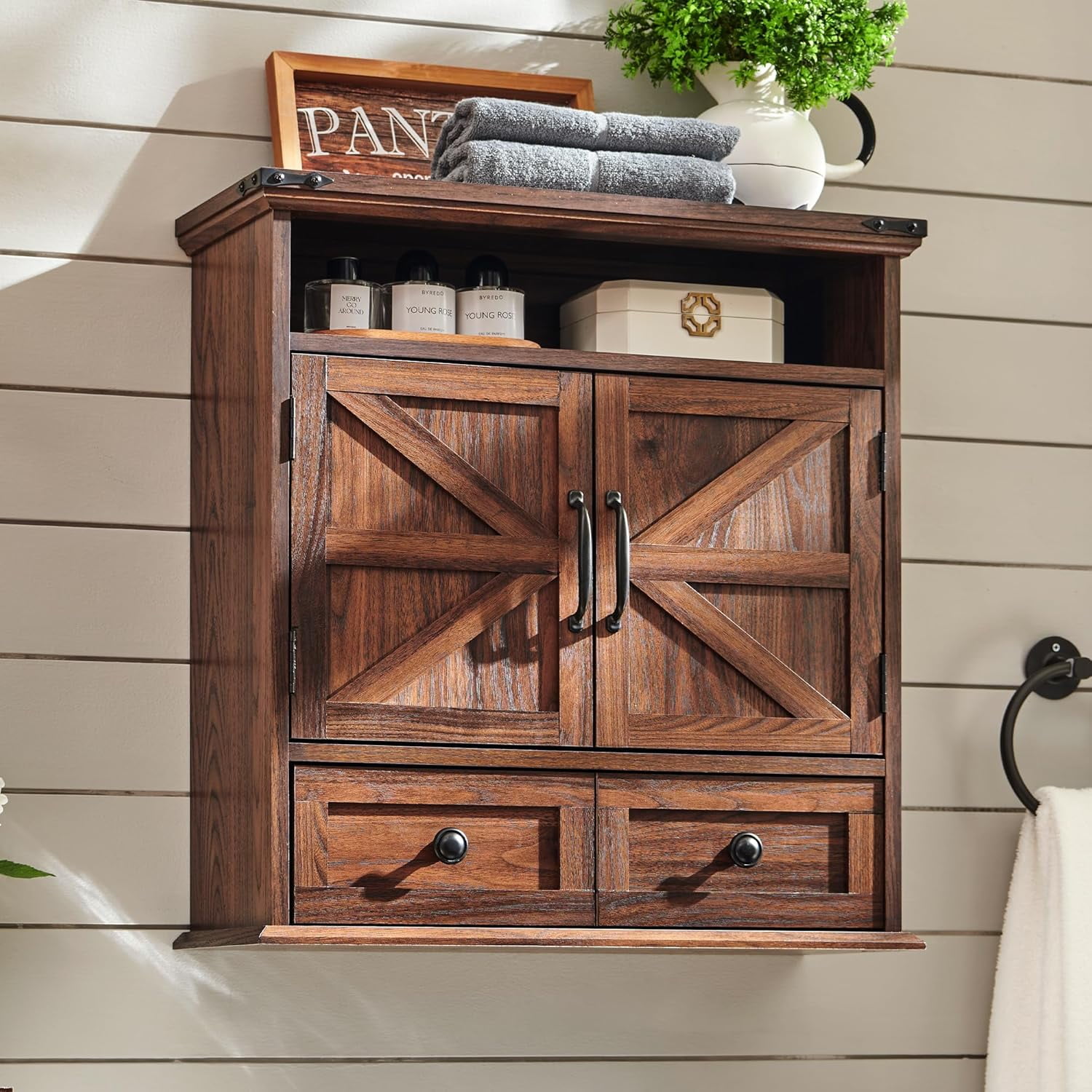 ZYPPP  Bathroom Wall Cabinet, Farmhouse Medicine Cabinet, 24" Wide Cabinet with Drawer, Adjustable Shelf, Double Barn Doors, Storage Cabinet for Bathroom, Kitchen, Living Room, Brown