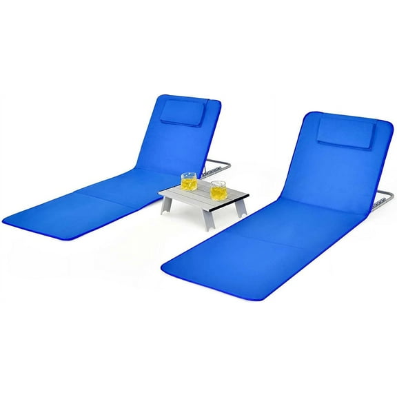 ZYPPP Beach Chairs for Adults 2 Pack Set with Side Table, Folding Lounge Chairs, 5 Position Adjustable Lawn Chair for Sunbathing, Patio Chaise Lounge Lightweight Backpack Camping Chairs (Navy)