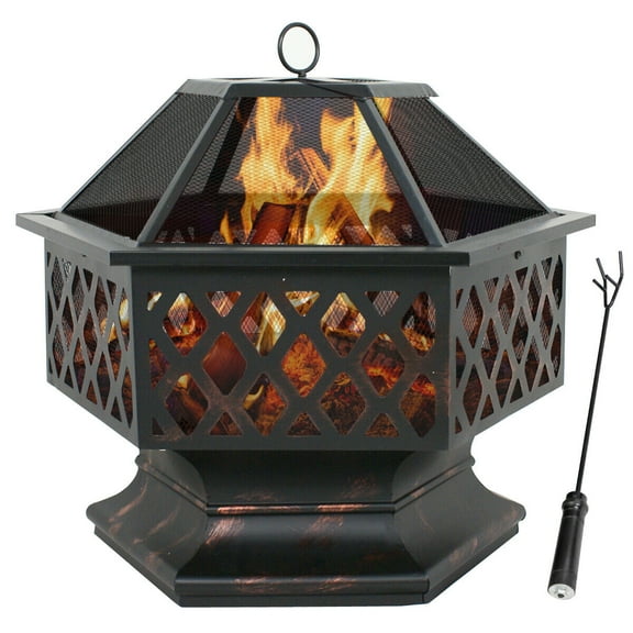 ZYPPP Hex Shaped Fire Pit - Bronze Finish Outdoor Fireplace, Wood-Burning Firepit with Poker & Spark Screen for Home Garden, Backyard, Patio & Camping, Sturdy Steel Construction, Portable Design