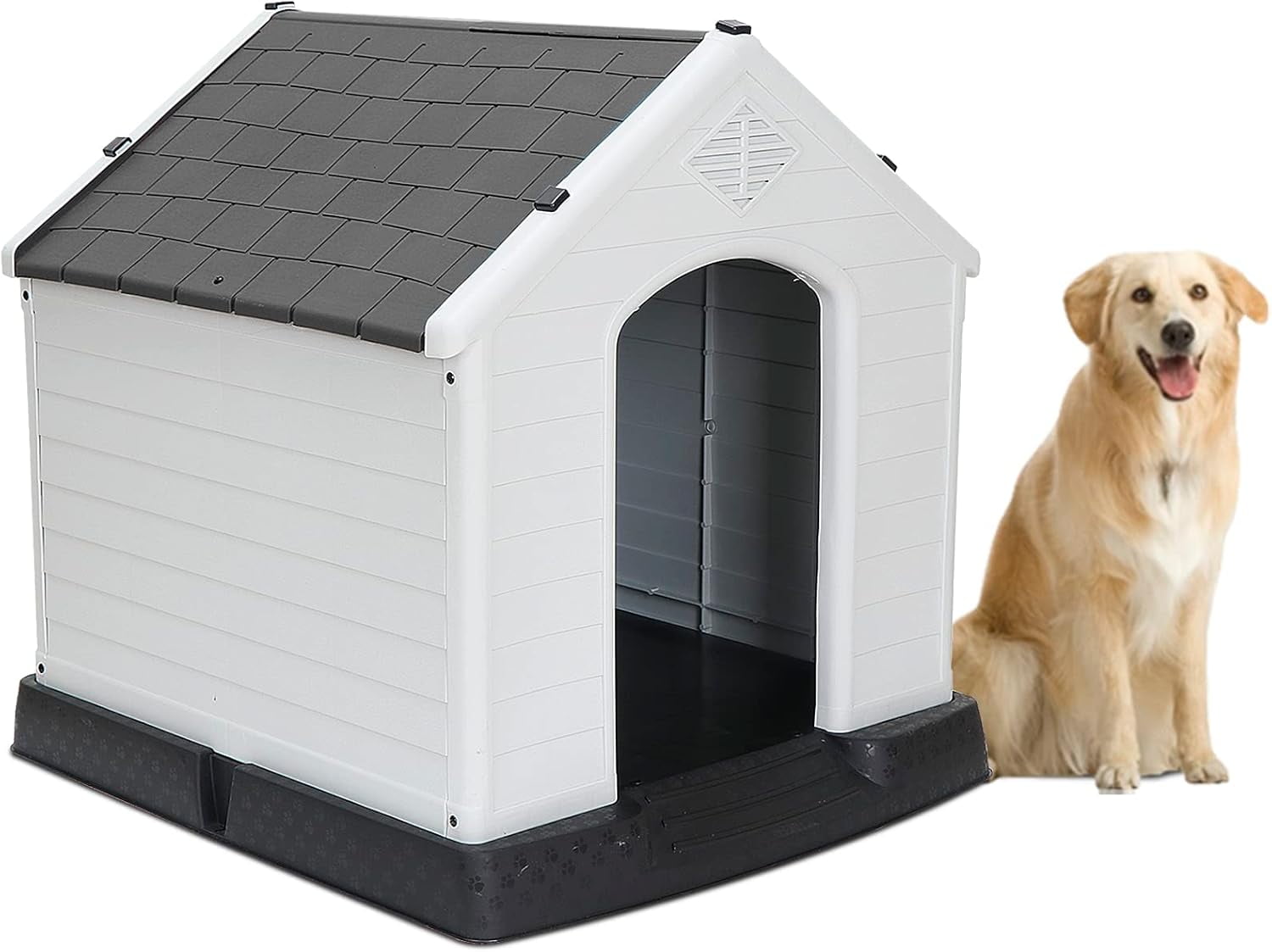 ZYPPP Large Plastic Dog House, Outdoor Indoor Waterproof Doghouse Pet Dog Kennel,Insulated Puppy Shelter w Elevated Floor and Air Vents, for Small Medium Large Dogs-32" H-Grey