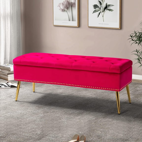 ZYPPP Modern Velvet Storage Ottoman Bench with Gold Base & Nailhead Trim, Upholstered Bedroom Bench for End of Bed, Button-Tufted Footstool for Entryway Living Room Dining Room, Fuchsia