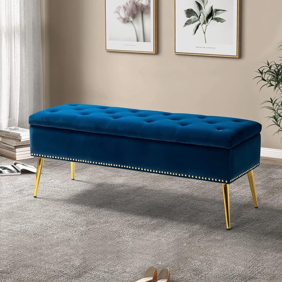 ZYPPP Modern Velvet Storage Ottoman Bench with Gold Base & Nailhead Trim, Upholstered Bedroom Bench for End of Bed, Button-Tufted Footstool for Entryway Living Room Dining Room, Navy
