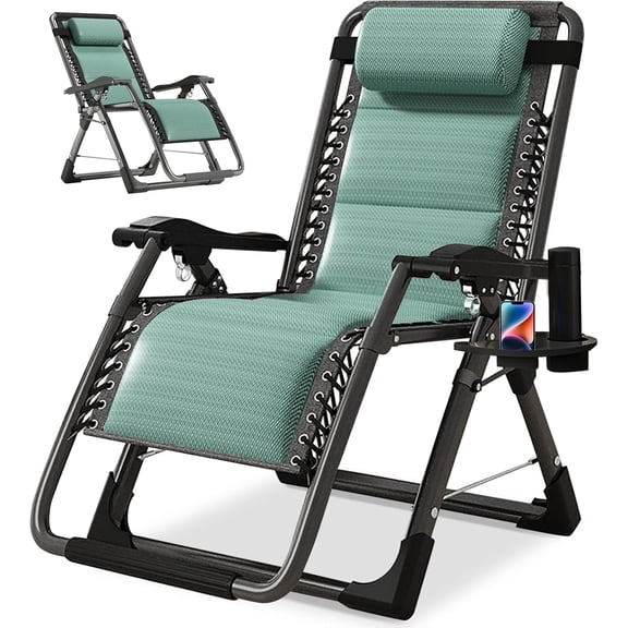ZYPPP Padded Zero Gravity Chair, Cooling Fabric Folding Outdoor Lounge Chairs, Adjustable Reclining Camping Chairs with Cup Holder, Ergonomic Patio Lawn Chair for Balcony Beach Deck Yard