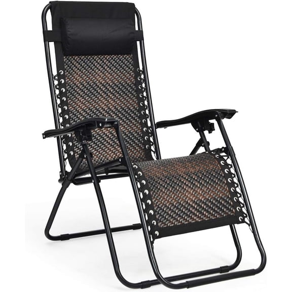 ZYPPP Patio Rattan Zero Gravity Lounge Chair, Outdoor Folding Lounge Chair w/Removable Head Pillow, Adjustable Lounge with Widened Armrest & Locking System for Balcony Yard Poolside (1, Brown)