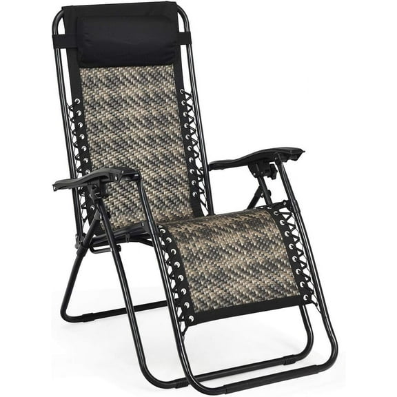 ZYPPP Patio Rattan Zero Gravity Lounge Chair, Outdoor Folding Lounge Chair w/Removable Head Pillow, Adjustable Lounge with Widened Armrest & Locking System for Balcony Yard Poolside (1, Gray)