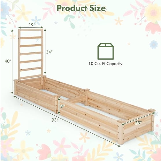 ZYPPP Raised Garden Bed with Trellis, Wooden Garden Box with Divided Space for Vegetables, Flowers, Fruits, Climbing Plants, Outdoor Elevated Planter Box for Yard Patio, 93”L x 25”W x 40”H
