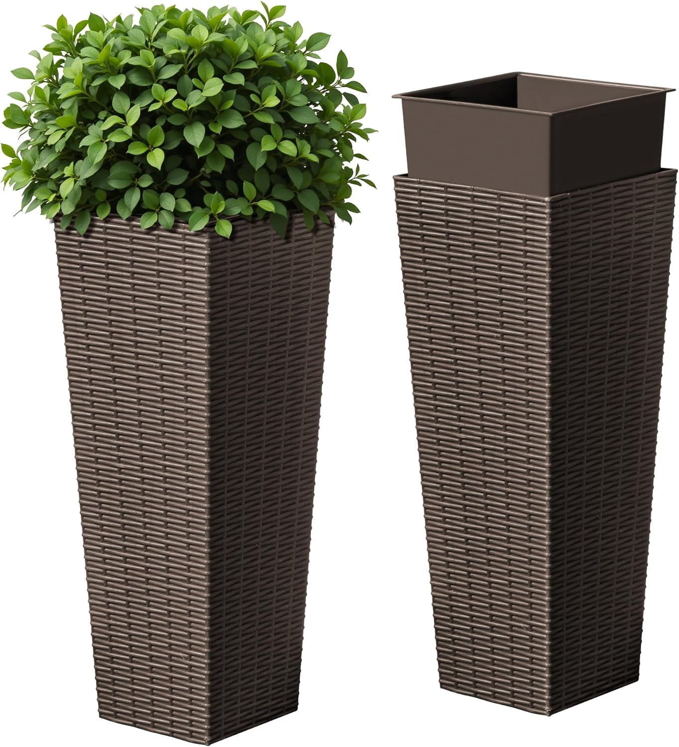 ZYPPP Resin Tall Planters for Outdoor Plants Set of 2, Large Taper Outdoor Planter Pots with 4 Drainage Holes, Flower Pots Modern Decor for Porch, Patio, Backyard, Home Garden (Brown, 24")