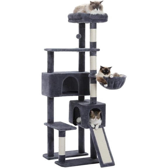 ZYPPP Road Cat Tree, 60 Inches Cat Tower with Dual Condos, Spacious Perch, Cozy Basket and Sisal-Covered Scratching Posts for Indoor Cats- Dark Gray
