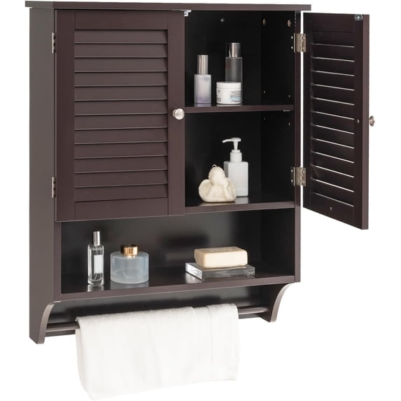 ZYPPP Wall Mounted Bathroom Cabinet with 2 Louvered Doors, 3-Position Adjustable Shelf, Towel Bar, Over The Toilet Space Saver, Above Toilet Hanging Medicine Cabinet (Espresso)