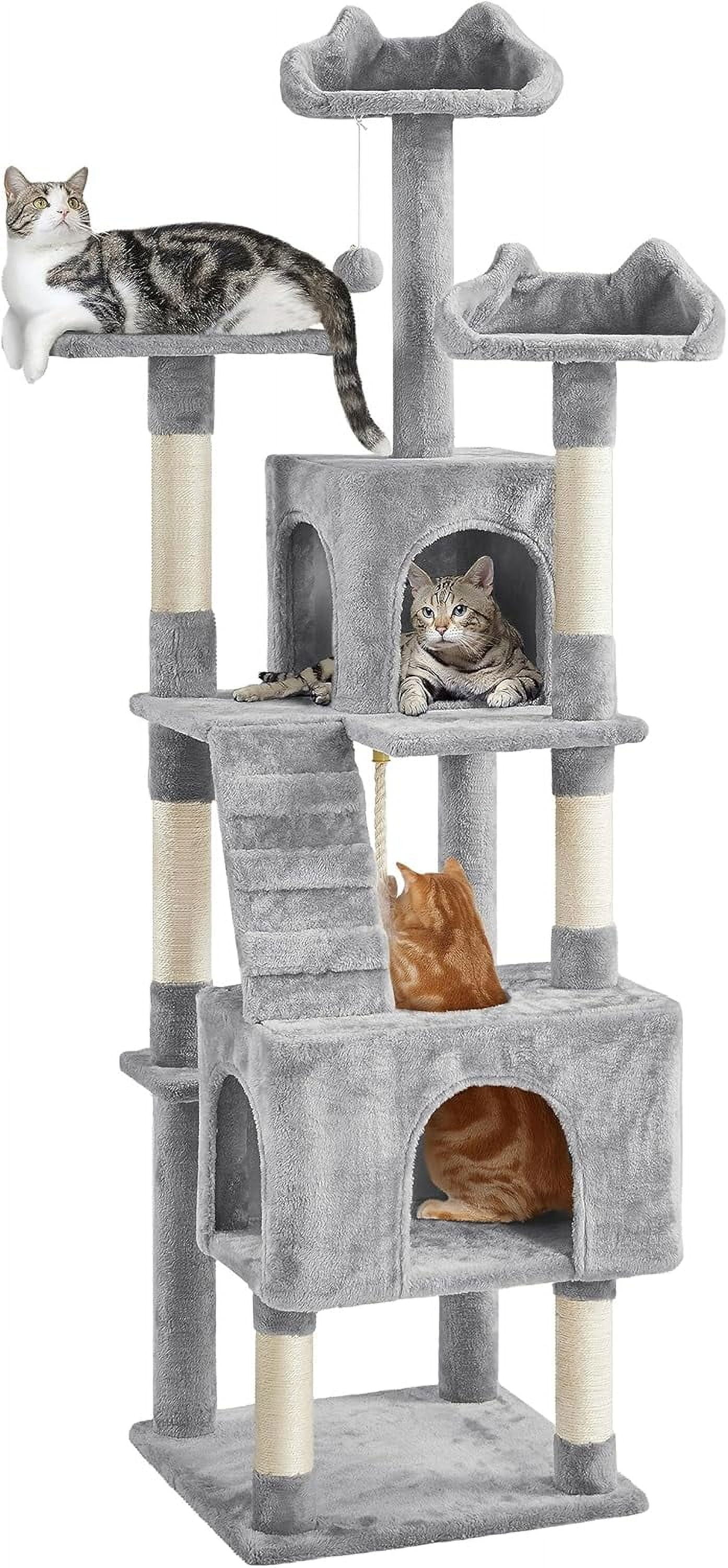 ZYPPP  XL Cat Tree, 72in Multi-Level Cat Tower with 2 Cozy Caves, 3 Soft Perches, Scratching Posts, Board, and Dangling Ball, Pet Furniture Play House for Kittens/Cats, Light Gray
