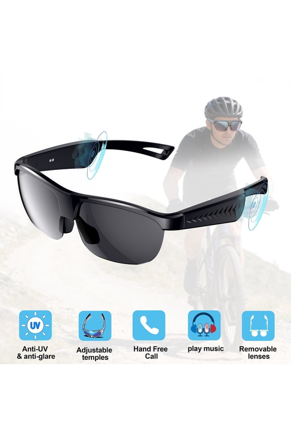 Smart Sports Glasses,Polarized Bluetooth Sunglasses for Men,Built-in Mic & Open-Ear Speakers,Voice Assistant,Replaceable Lenses Sports Sunglasses for Running,Cycling,Motorcycle Riding,Black