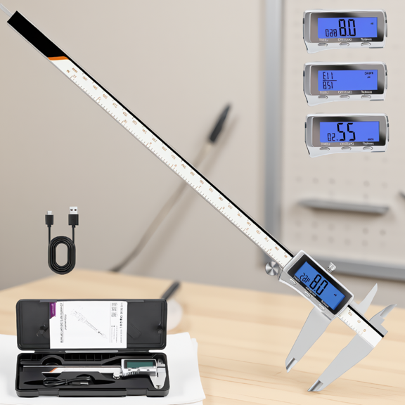 ZYRPORE 1 Pc 12 Inch Caliper, -Metal Rechargeable Electronic Measuring Tool with Backlit LCD, Inch/mm/Fraction Conversion