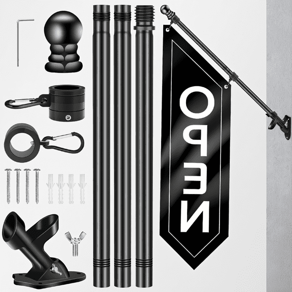 ZYRPORE 1 Set Open Flag with Pole Kit, Double-Sided Storefront Sign, Adjustable 3-4FT Pole, Bracket Included, Black, 41x12 Inch