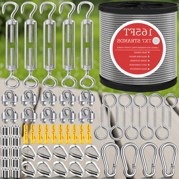 ZYRPORE 165FT 1/8" Stainless Steel Wire Rope Cable Kit with M5 Turnbuckles, Eye Hooks, Rope Clips, Crimping Sleeves for Deck Railing