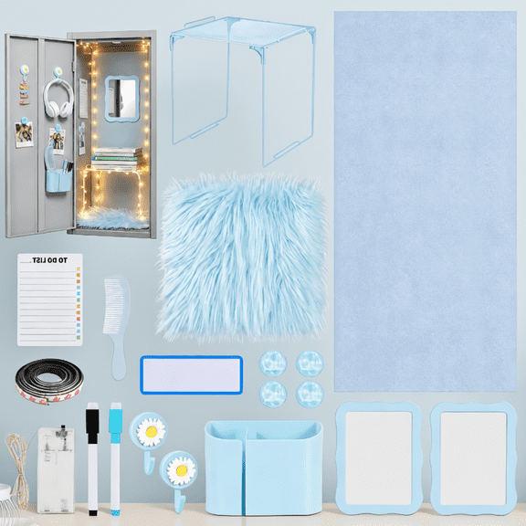ZYRPORE 19 Locker Decoration Kit for Girls, Magnetic Mirror Whiteboard Shelf Rug Wallpaper LED Lights Locker Organizer Set