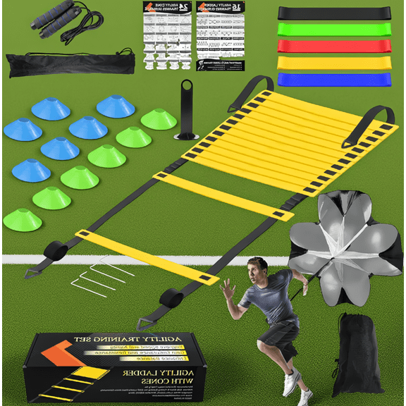 ZYRPORE 20-Piece Speed Agility Set, 20ft Ladder, 12 Cones, Parachute, Jump Rope, 5 Resistance Bands for and Adults