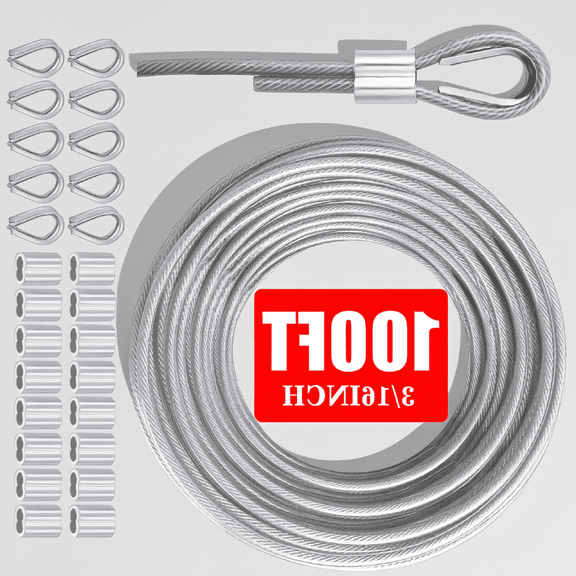 ZYRPORE 50-200ft 3/16 in Vinyl Coated Galvanized Steel Wire Rope, PVC Covered Cable for Hanging String Lights, with Hardware Kit