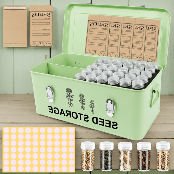 ZYRPORE 60 Slots Metal Seed Storage Box with 3 Compartments, Locks, 60 Envelopes and 64 Labels for Seed Organizing
