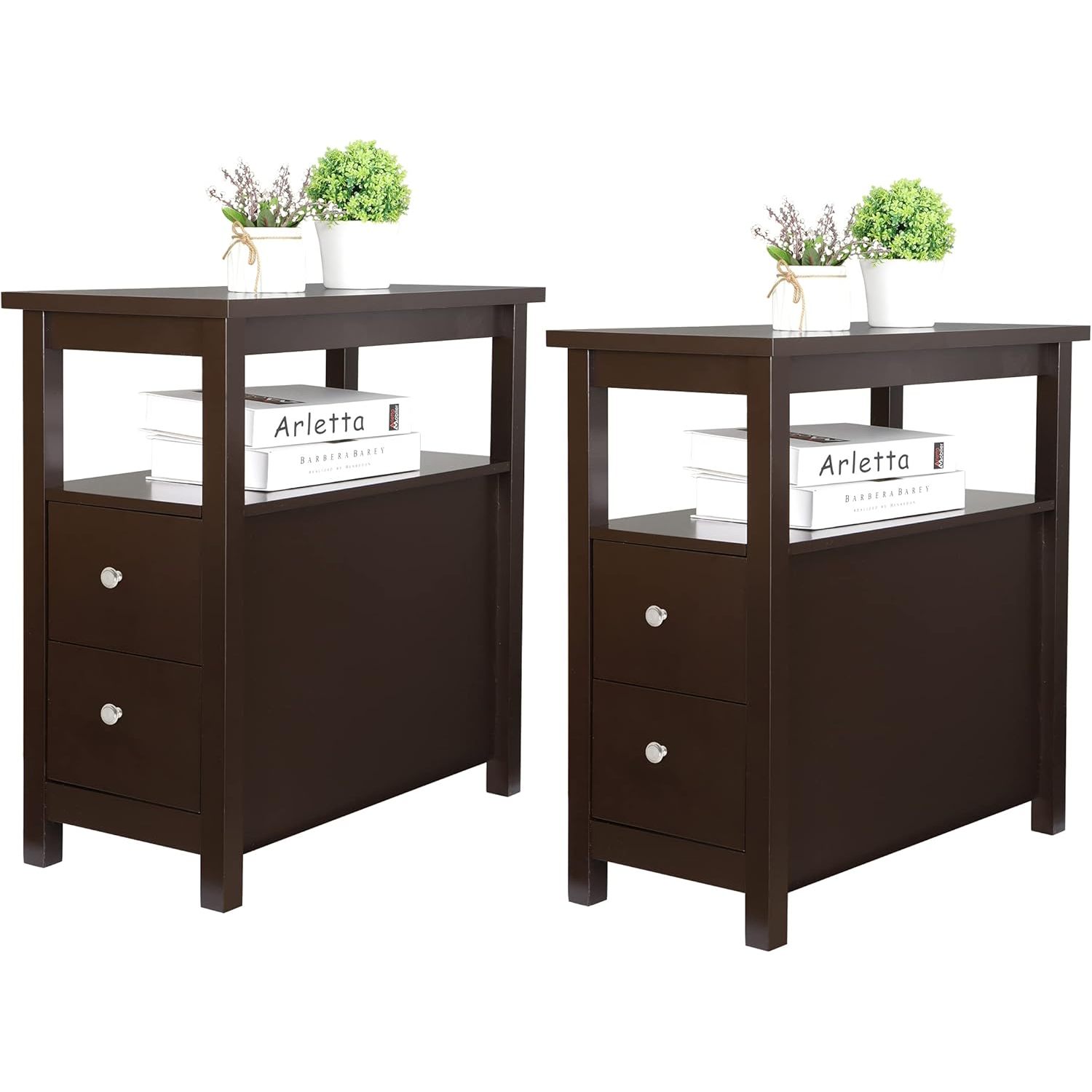 ZYSF Side End Table with 2 Drawer and Shelf, Multifunctional Narrow ...