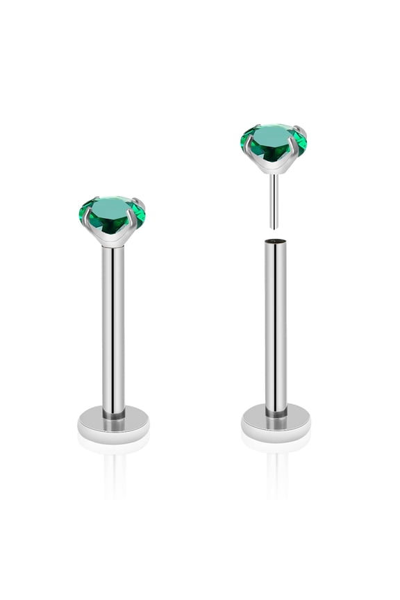 2pcs G23 Titanium 20G 8mm Threadless Push-in Flat Back Nose Stud Ring 3mm Prong Green CZ Labret Monroe Lip Rings Helix Nail Cartilage Tragus Earring Piercing Jewelry C113