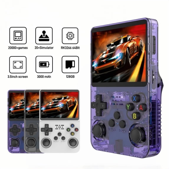 ZYTKWT R36S Handheld Game Console, 3.5-inch IPS Screen, 20,000+ Games, 20+ Emulators, 128GB Purple