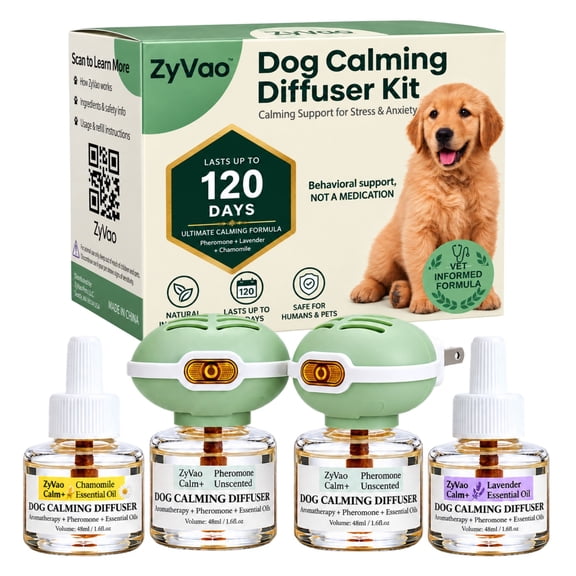 ZyVao 120 Days Advanced Dog Calming Diffuser Kit with Pheromones (2 Diffusers & 4 Refills) - Lavender & Chamomile Plug-in for Dog Anxiety Relief