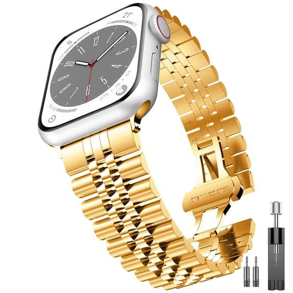 ZYX Heavy Duty Stainless Steel Band for Apple Watch, 5-Row Metal Link Bracelet with Butterfly Clasp, Gold, 38mm/40mm/41mm/42mm(series 10 11)