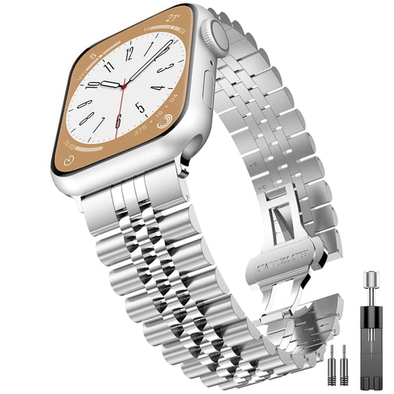ZYX Heavy Duty Stainless Steel Band for Apple Watch, 5-Row Metal Link Bracelet with Butterfly Clasp, Sliver, 38mm/40mm/41mm/42mm(series 10 11)