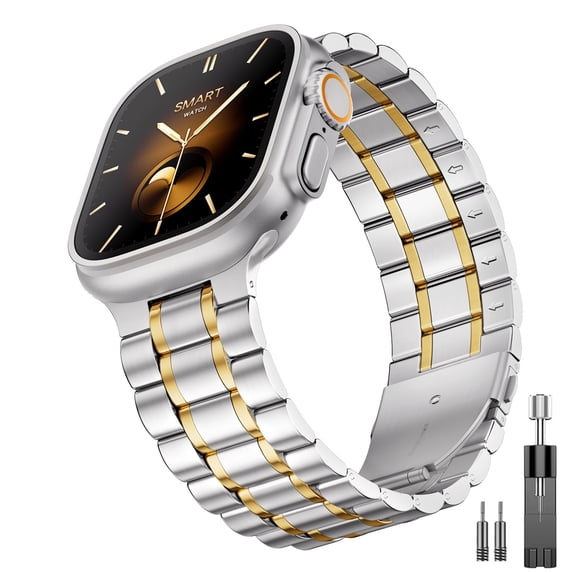 ZYX Heavy Duty Stainless Steel Band for Apple Watch, Men's Solid Metal Business Strap, Slive Gold, 38mm/40mm/41mm/42mm(series 11 10)
