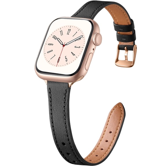 BANDOVA Slim Genuine Leather Band Compatible with Apple Watch, Women's Thin Replacement Strap, Black with Rose Gold, 38/40/41mm