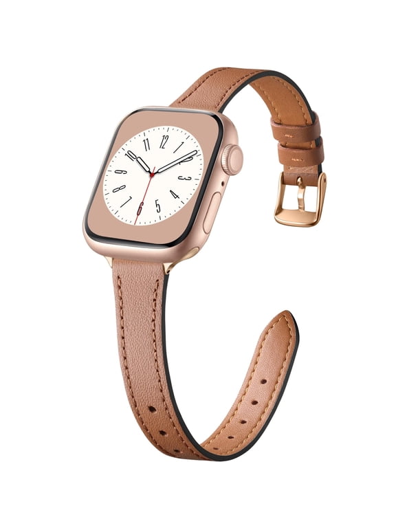 Slim Genuine Leather Band Compatible with Apple Watch, Women's Thin Replacement Strap, Brown with Rose Gold, 38/40/41mm
