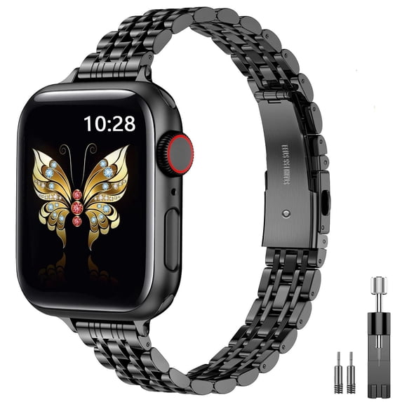 ZYX Slim Metal Band for Apple Watch, Women's 14mm Thin Metal Strap with Tool, Black, 44mm/45mm/46mm/49mm/42mm(series 1 2 3)