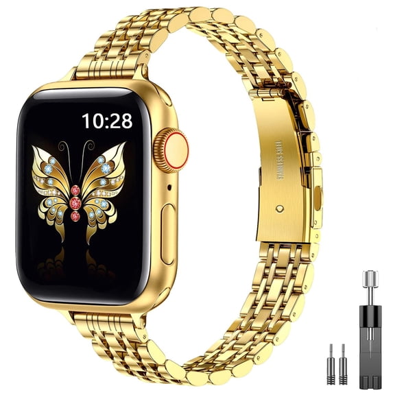 ZYX Slim Metal Band for Apple Watch, Women's 14mm Thin Metal Strap with Tool, Gold, 44mm/45mm/46mm/49mm/42mm(series 1 2 3)