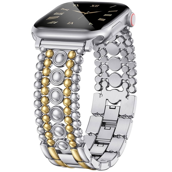 ZYX Studded Metal Band for Apple Watch, Women's Dressy Stainless Steel Bracelet, Silver/Gold, 38mm/40mm/41mm/42mm(Series 11/10)