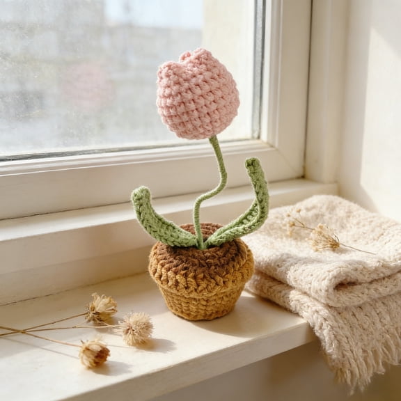 ZYXWVU Handmade Yarn Tulip Planter Crochet Faux Potted Tulip Flower Art Car Home Office Spring Desk Decoration Gift