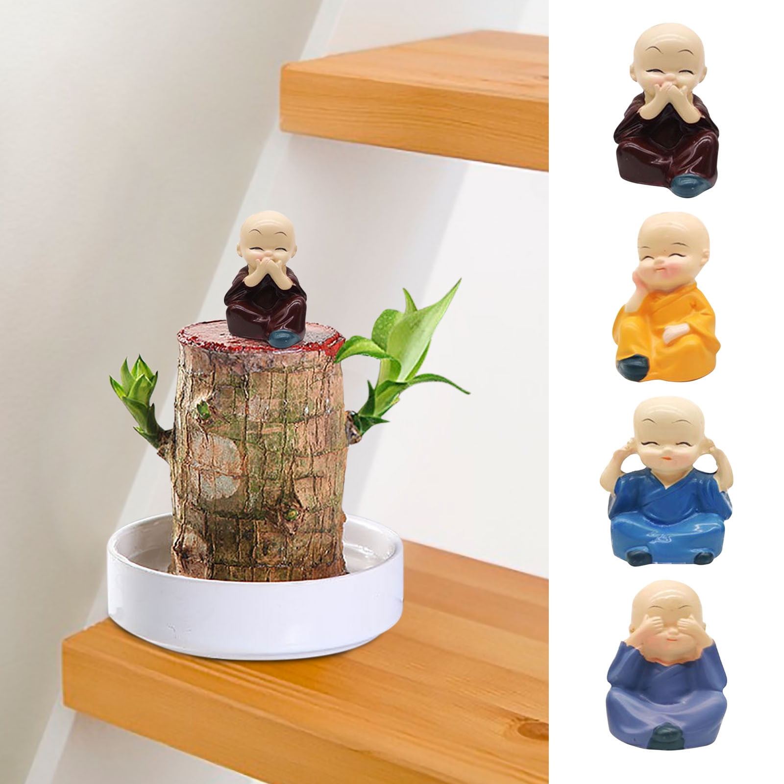 ZYXWVU Decoration Brazil Lucky Wood Buddha Decor Magical Sprouting Lucky Bamboo Wood Decoration Brazilian Lucky Wood Plant Little Monk Decoration Live Indoor Office Desktop 4Pcs Baby Buddha Statue