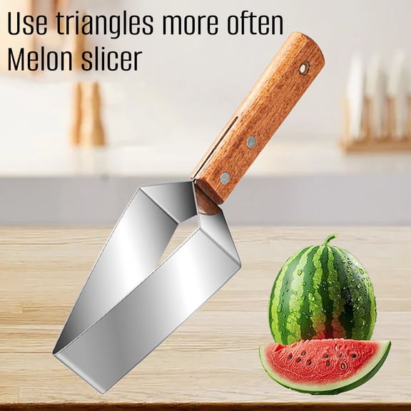 ZYXWVU Stainless Steel Watermelon Melon Fruit Dicing Tool Divider Triangular Fruit Cutter Kitchen Slicer Wooden Handle Easy Cut Summer Party