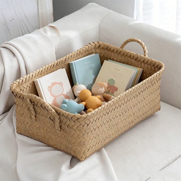 ZYXWVU Storage Basket Imitation Rattan Woven with Two Handles Rectangular for Toys Snacks Clothes Bathroom Bedroom Organization
