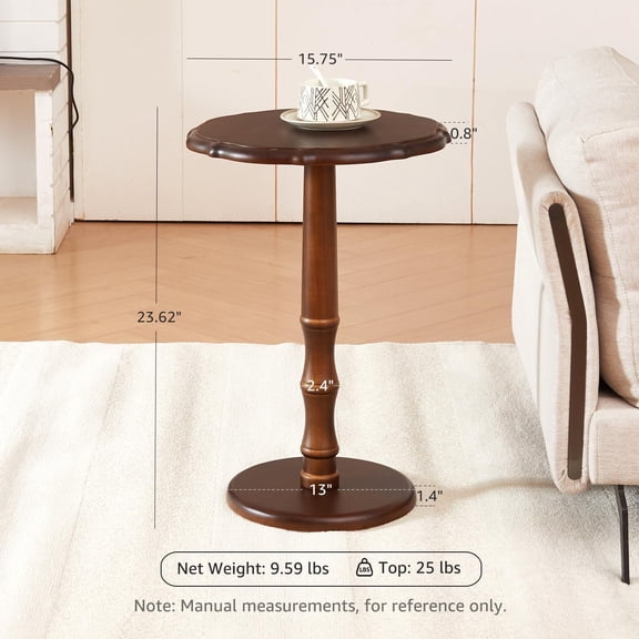 ZYZ Vintage Round Solid Wood Side Table with Scalloped Edge, Walnut Pedestal End Table for Living Room Bedroom Sofa Corner
