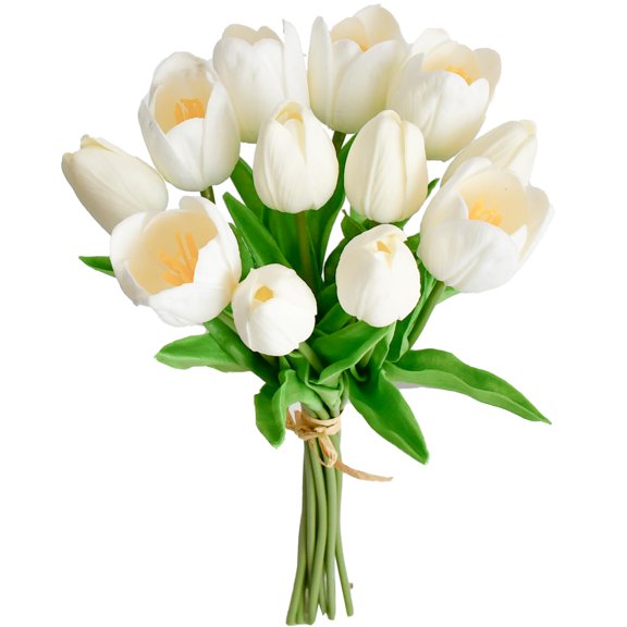ZZ 20pcs White Artificial Tulip Silk Fake Flowers 13.5" for Spring Mother's Day Easter Gifts in Bulk Home Kitchen Wedding Decorations