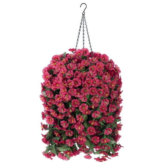 ZZ Artificial Faux Hanging Flowers Plants Basket for Outdoor Outside Porch Decoration, UV Resistant Fake Silk Purple Morning