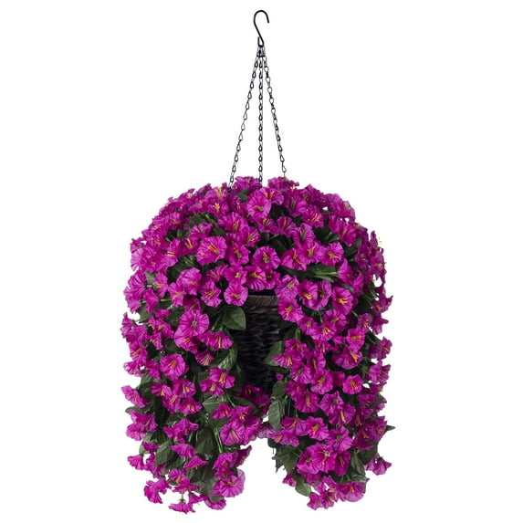 ZZ Artificial Faux Hanging Flowers Plants Basket for Outdoor Outside Porch Decoration, UV Resistant Fake Silk Purple Morning