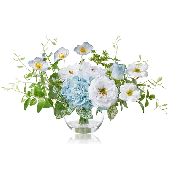ZZ Artificial Flowers with Vase, Silk Hydrangea Bouquet and Peonies Artificial Flowers Table Centerpieces with Faux Water